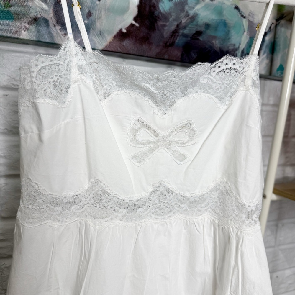 LoveShackFancy New Vinca Cotton Lace Bow Midi Dress in Optic White - Picture 3 of 6